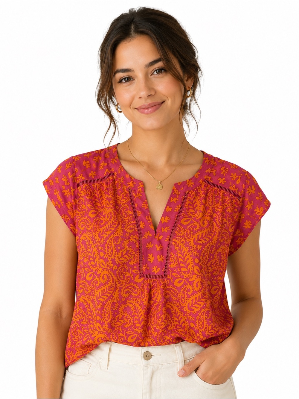 DR2 Orange Dark Pink Magenta Floral Paisley Short Sleeves Casual Blouse Top Sz L